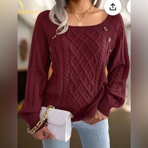 Elegant Maroon Cable Knit Sweater with Button Details